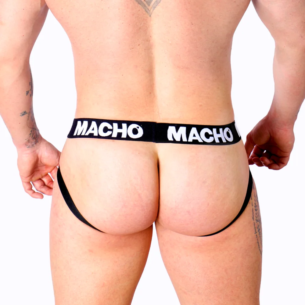 Jock en similicuir noir avec poche brillante et ceinture siglée Macho, vue de dos mettant en avant la découpe anatomique et l'ajustement de la pièce