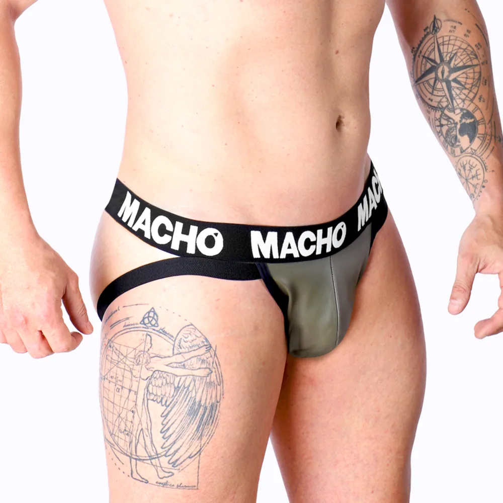 Jock en cuir gris beige porté de dos, ceinture élastique noire à bande logo Macho, poche avant avec finition métallisée, sur fond blanc