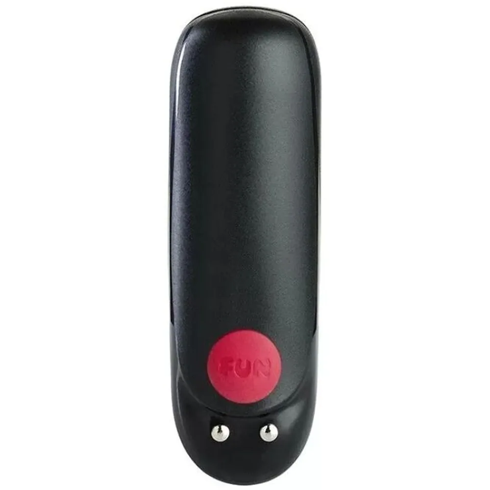 Mini-vibromasseur noir en silicone avec bouton de contrôle rose et deux points lumineux blancs à la base, fond blanc