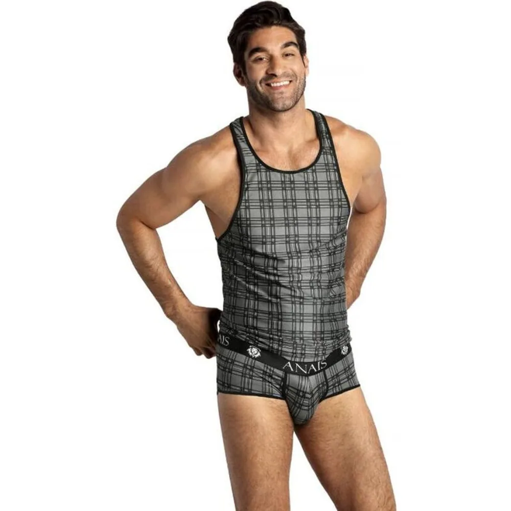 Débardeur homme en microfibre à carreaux gris et noir, porté avec un caleçon assorti, fond blanc