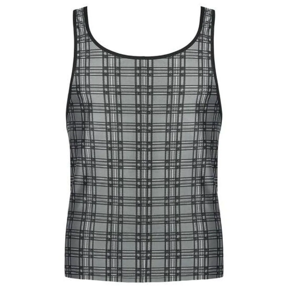 Débardeur homme en microfibre à carreaux gris et noir, porté avec un caleçon assorti, fond blanc