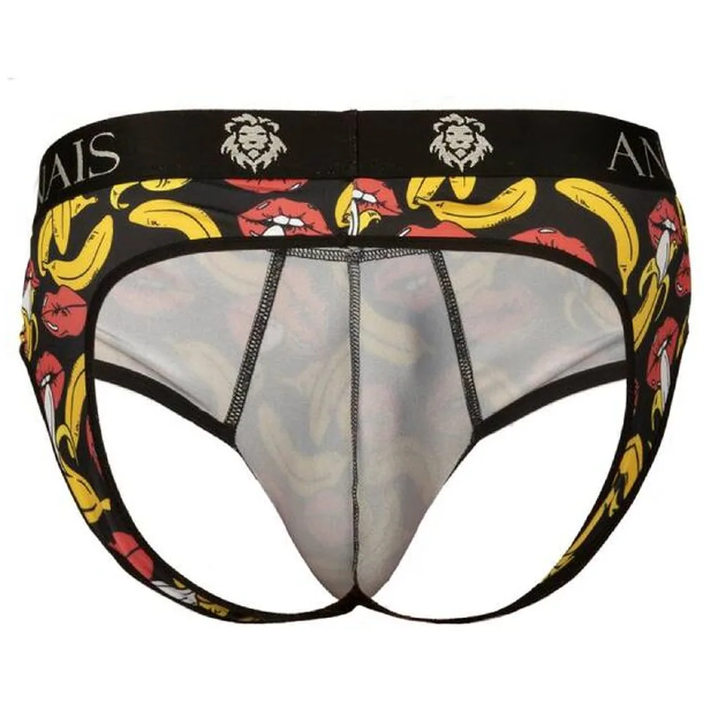 Slip ouvert noir avec motif de bananes jaunes et bouches rouges, bande élastique à logo ANAIS, arrière complètement ajouré