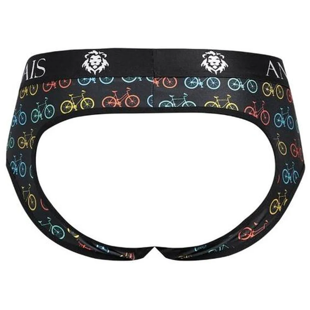 Slip noir avec ceinture élastique à branding blanc, motif vélos multicolores stylisés, arrière ajouré