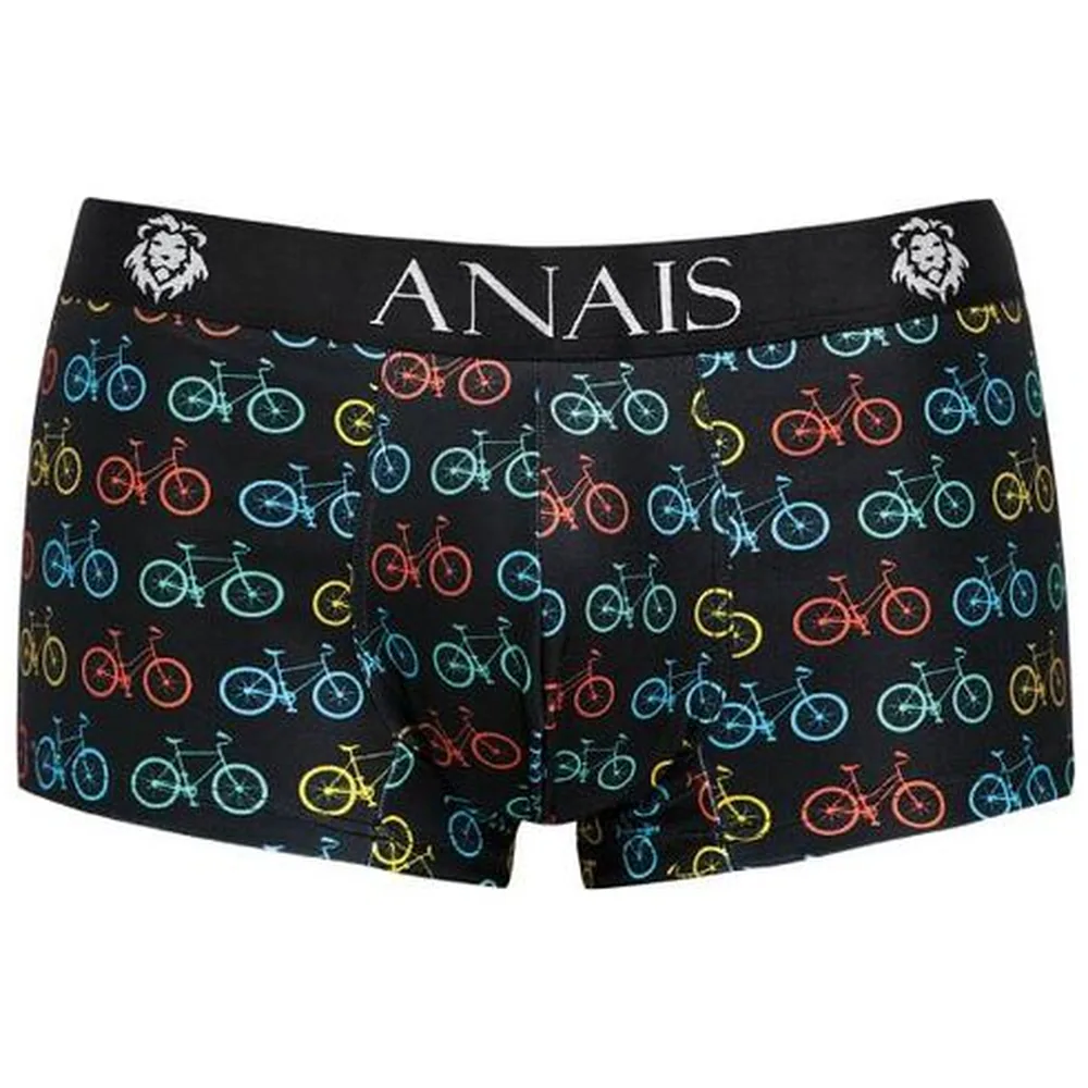 Boxer noir à motif de petits vélos colorés, vue de dos sur mannequin, ceinture élastique jacquard visible