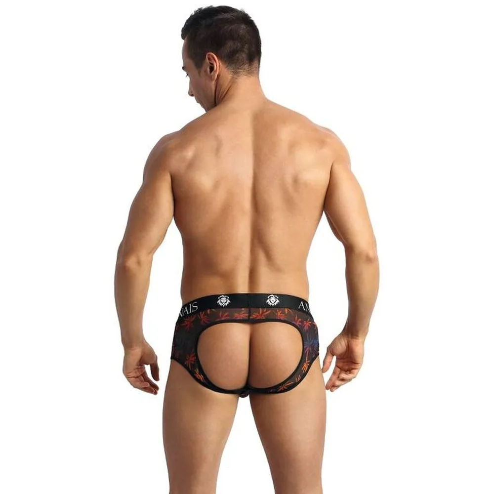 Bikini noir en tulle ajouré à motif de palmiers colorés, porté de dos, avec bande élastique à logo et découpe ouverte au dos
