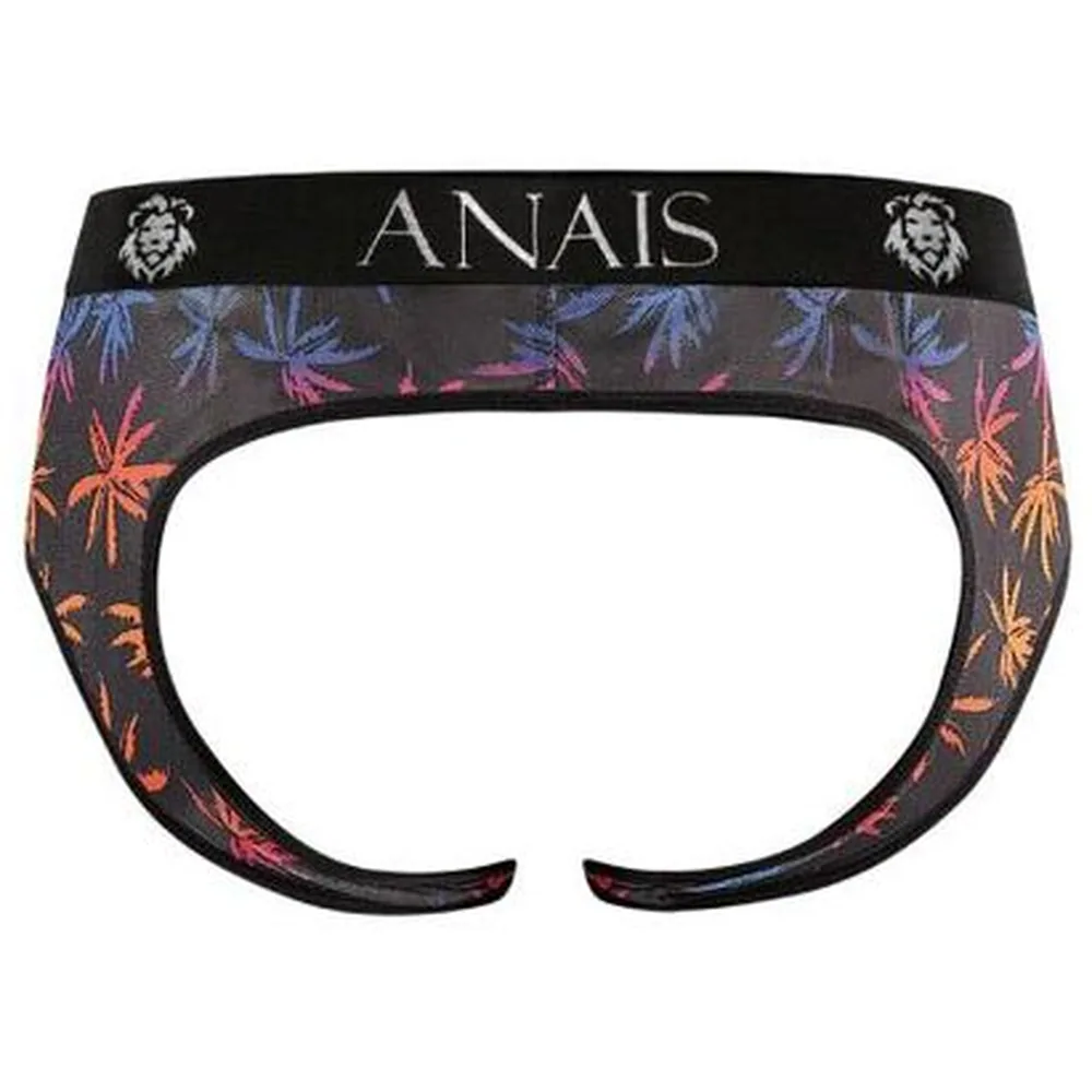 Bikini noir en tulle ajouré à motif de palmiers colorés, porté de dos, avec bande élastique à logo et découpe ouverte au dos
