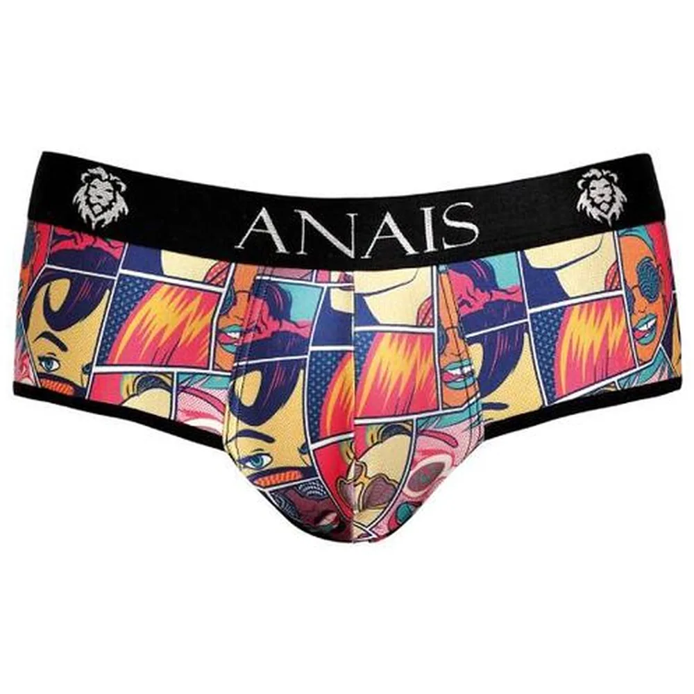 Slip homme Anaïs à motif pop art coloré inspiré de bandes dessinées, avec visages stylisés en bleu, rouge, jaune et orange, ceinture noire à logo lion blanc