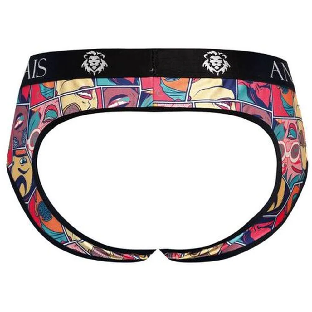 Slip homme Anaïs à motif pop art coloré inspiré de bandes dessinées, avec visages stylisés en bleu, rouge, jaune et orange, ceinture noire à logo lion blanc