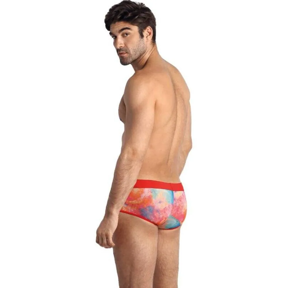 Boxer Falcon porté de profil, imprimé aquarelle corail et turquoise sur le devant, ceinture élastique rouge vif