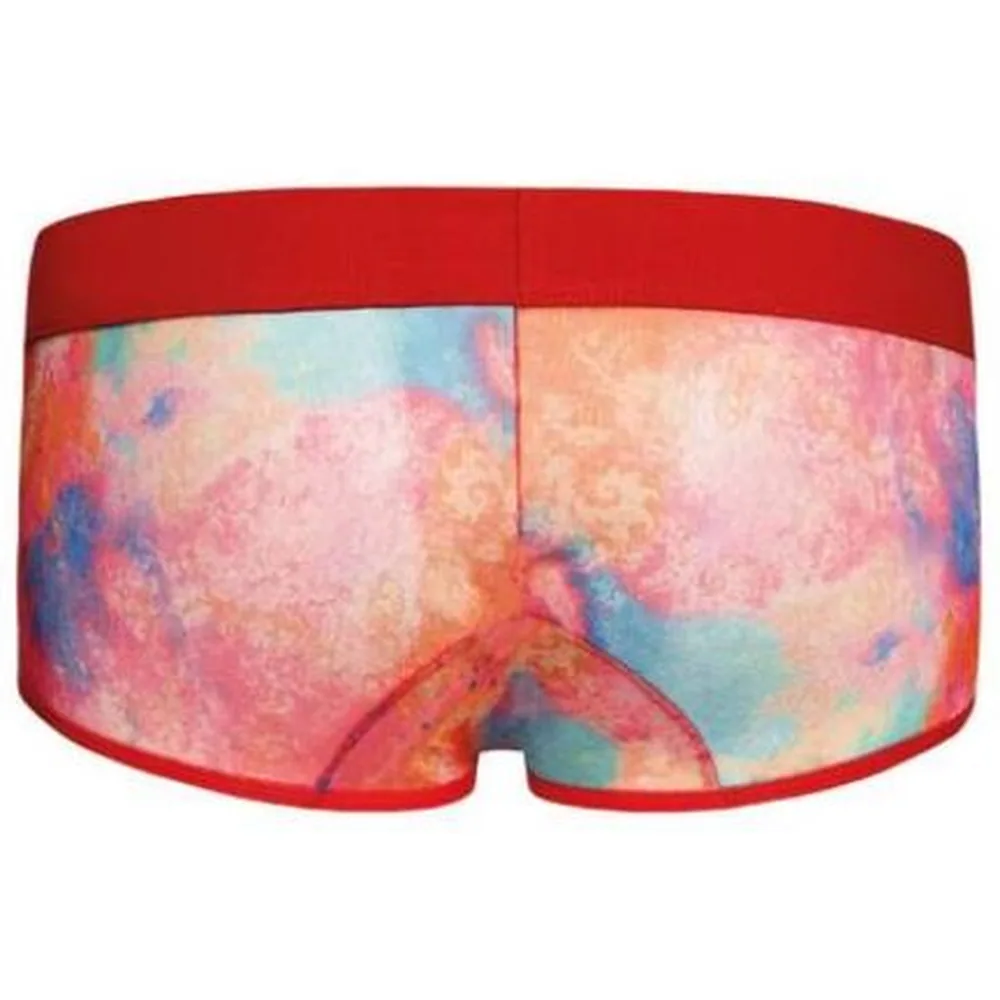 Boxer Falcon porté de profil, imprimé aquarelle corail et turquoise sur le devant, ceinture élastique rouge vif