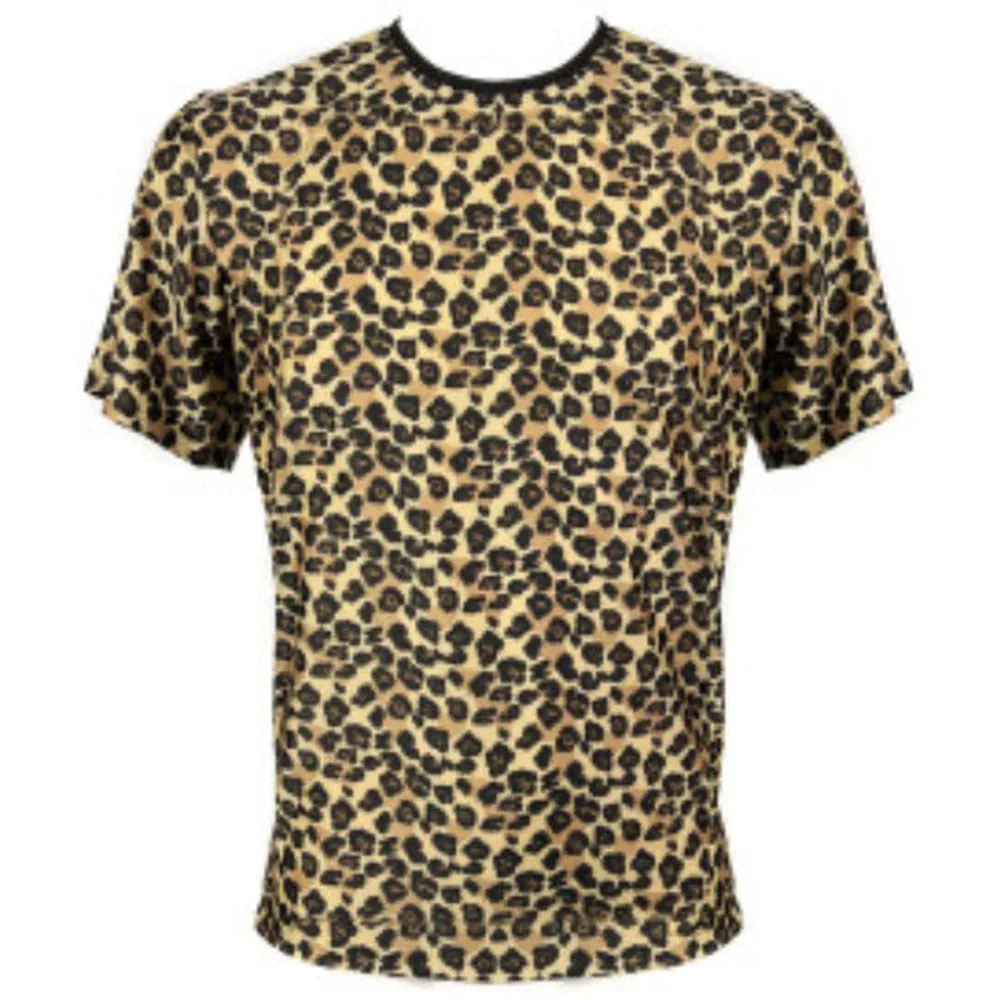 T-shirt col rond à manches courtes avec imprimé léopard noir sur fond beige, encolure et finitions bord côte noir
