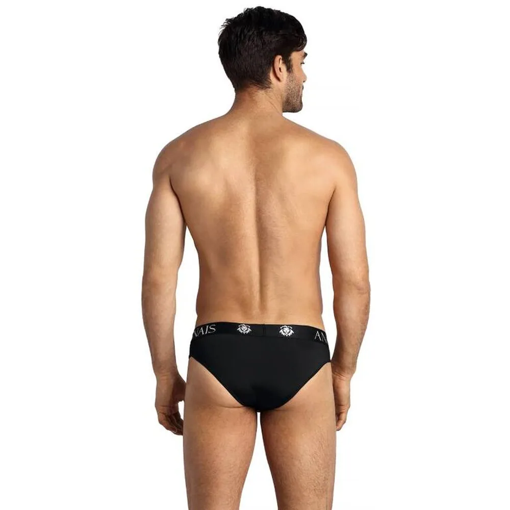 Slip noir en microfibre extensible avec ceinture siglée ANAIS, porté par un homme sur fond blanc