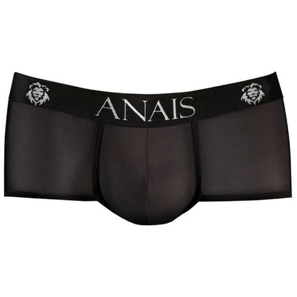 Slip de la marque Anais en microfibre noire, vue de face, avec ceinture large noire ornée du logo et deux têtes de lion brodées en gris
