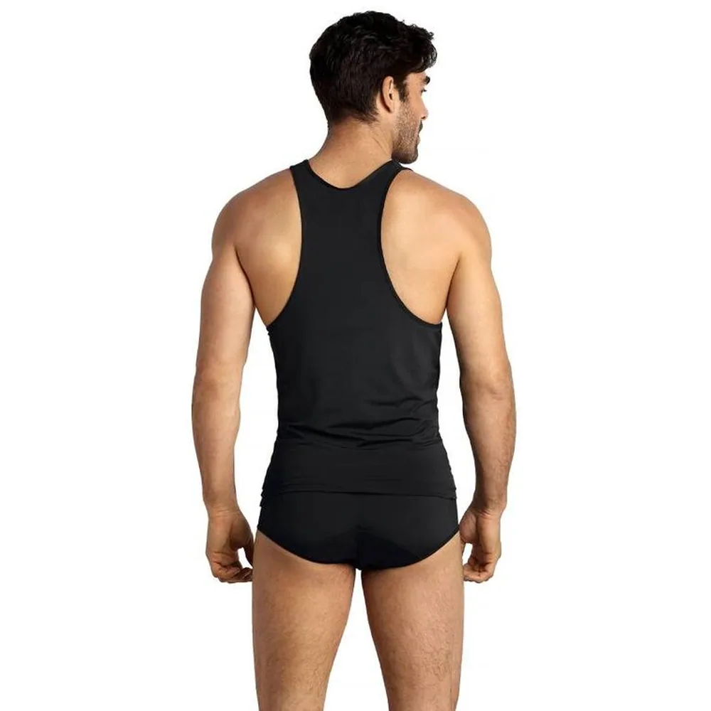 Débardeur noir sans motif en microfibre extensible, porté avec un slip assorti, marque ANAÏS visible à la ceinture
