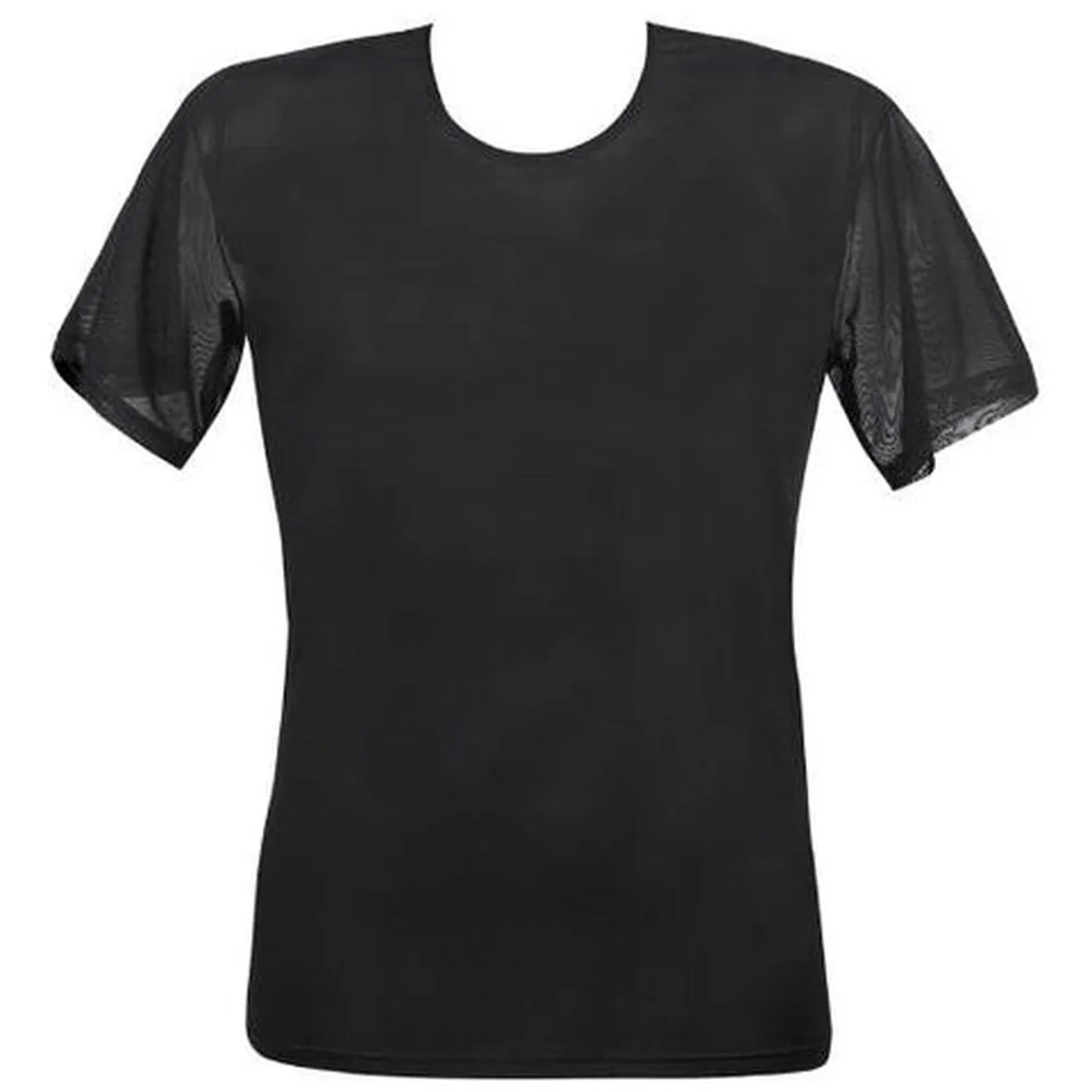 T-shirt noir en microfibre fine col rond, manches courtes en voile translucide