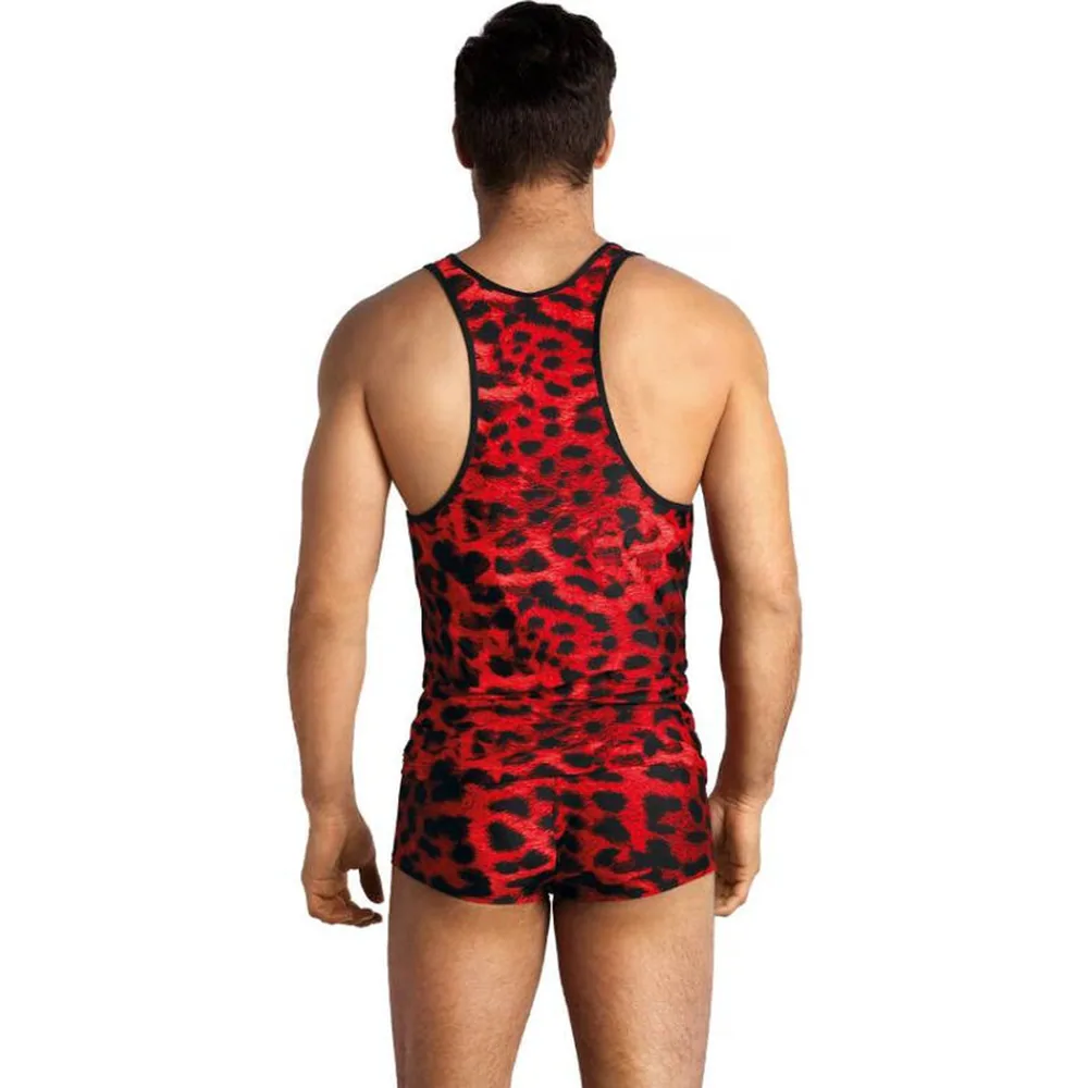Débardeur homme porté de dos, motif léopard rouge et noir, encolure dégagée, microfibre extensible
