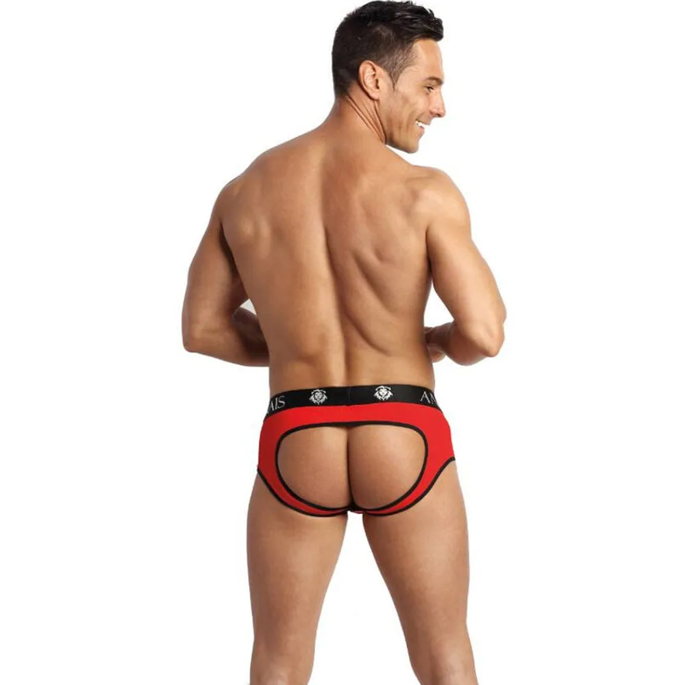 Bikini rouge en microfibre avec bandeau noir marqué du logo ANAIS, porté par un homme sur fond blanc