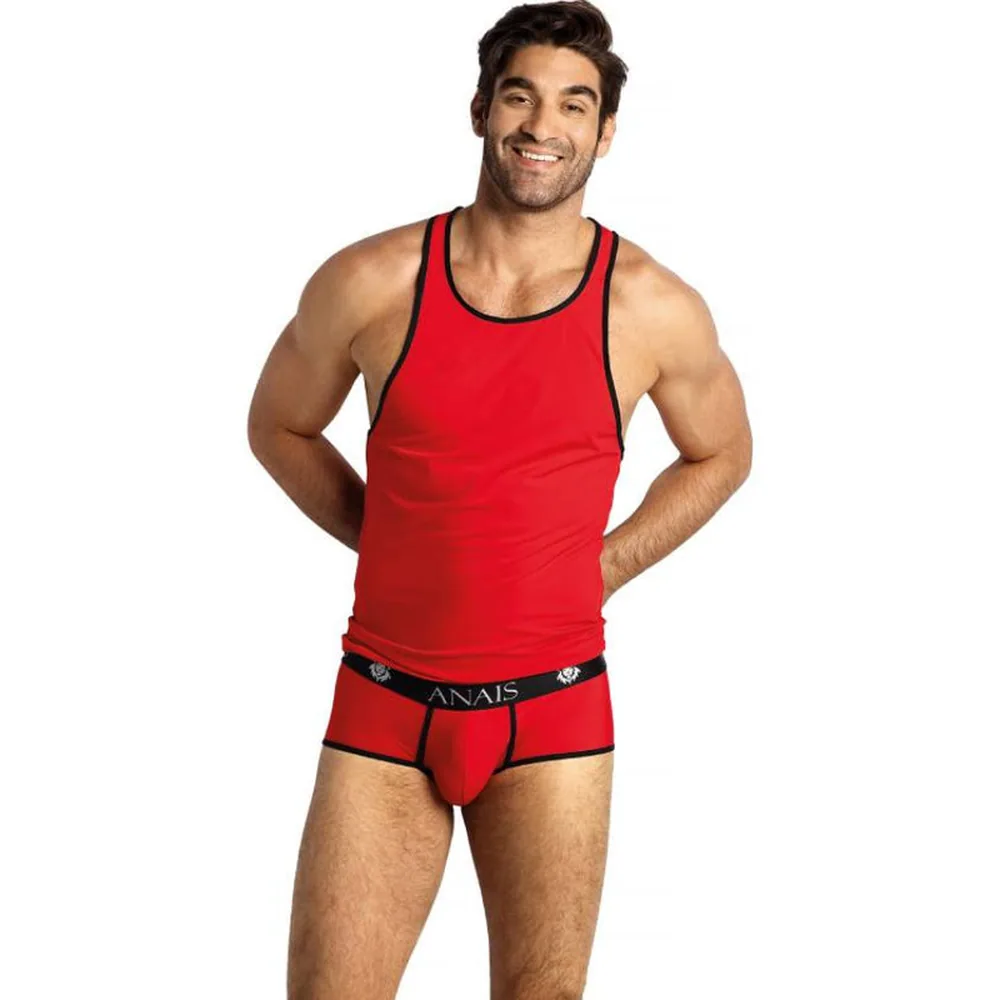 Débardeur en microfibre rouge à bordures noires, col rond et emmanchures épaisses, porté avec un slip rouge et noir de la marque Anaïs