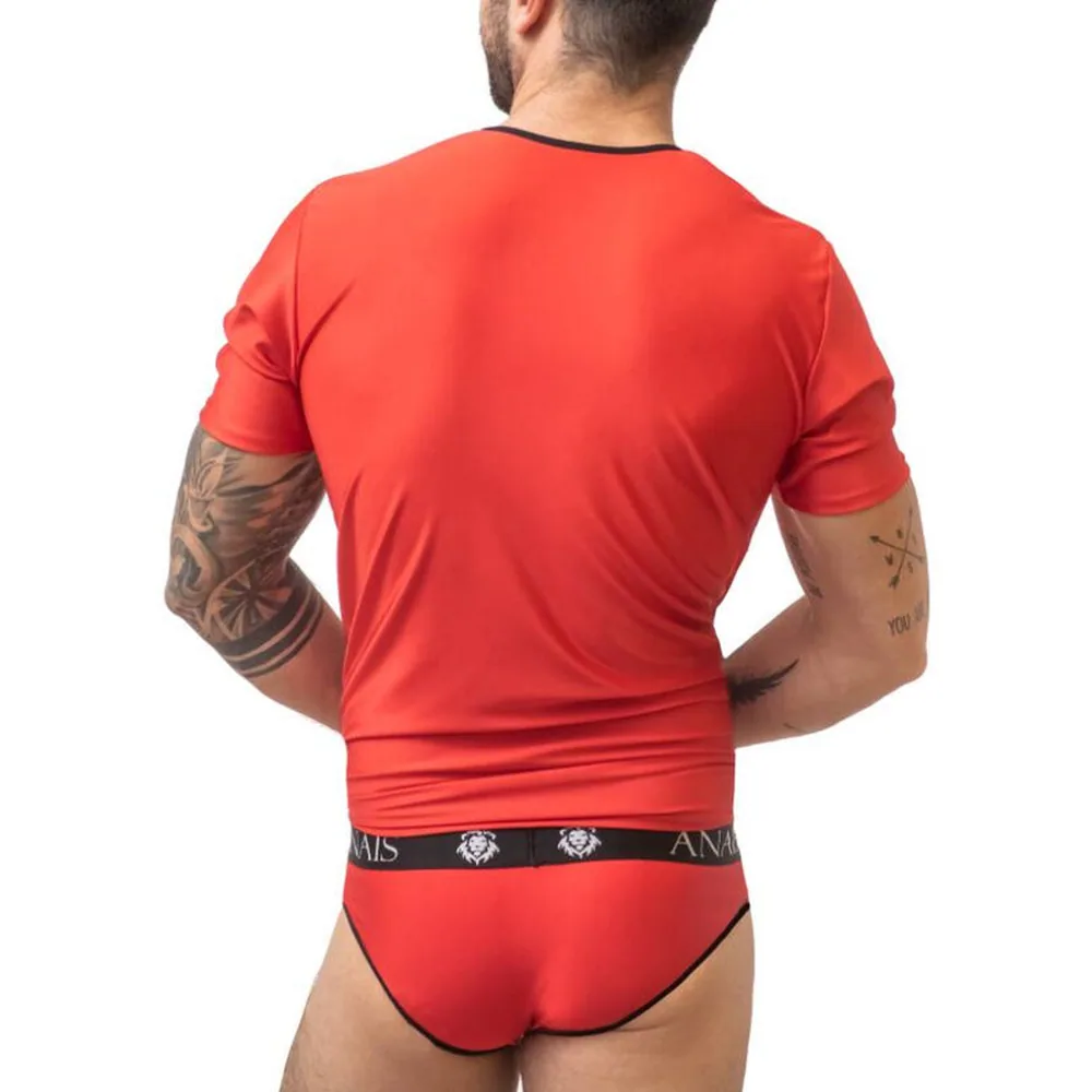 T-shirt rouge uni Soul à manches courtes et col contrasté noir, coupe près du corps, porté avec slip rouge à bande noire ANAÏS