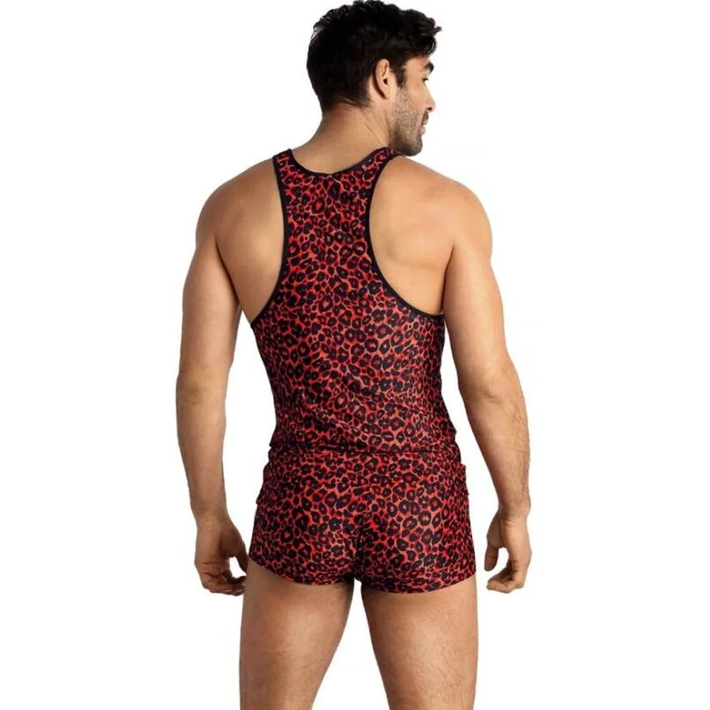 Top sans manches en microfibre rouge à motif léopard noir, coupe épousant le corps, encolure dégagée