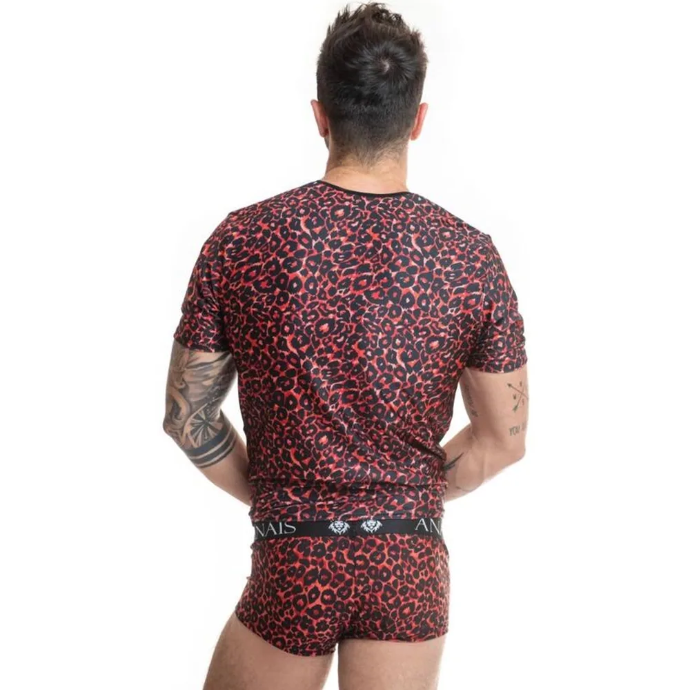 T-shirt homme en microfibre extensible à motif léopard rouge et noir, vue de dos, avec bande élastique imprimée à la taille