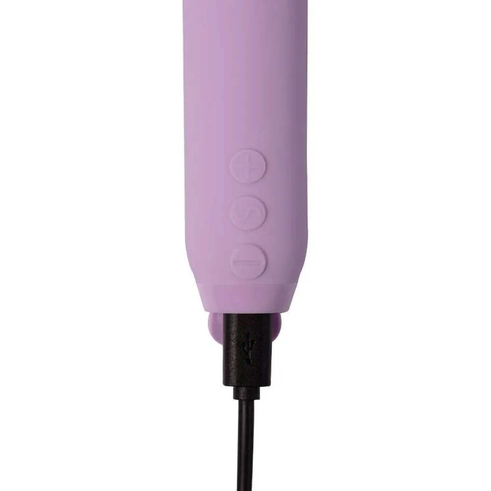 Emballage du mini-vibromasseur Duet Bullet de Je Joue, boîte grise avec fenêtre noire montrant le produit violet en silicone avec textures variées