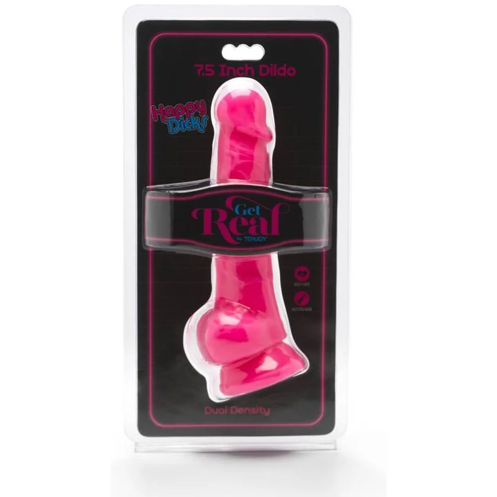 Gode réaliste en silicone rose vif de 19 cm, avec testicules moulés et base ventouse, sur fond blanc
