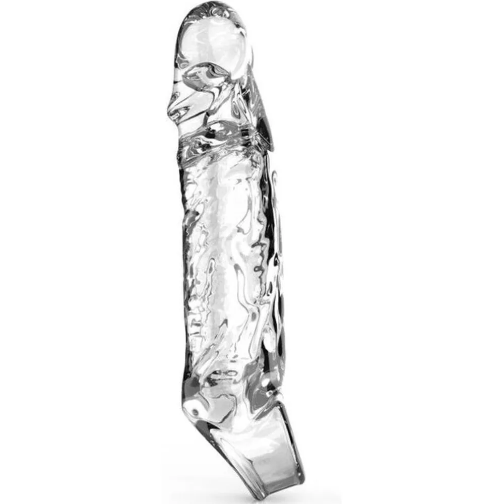 Manchon d'extension transparent avec noyau rose pâle, base rose pâle et gland transparent sur fond blanc