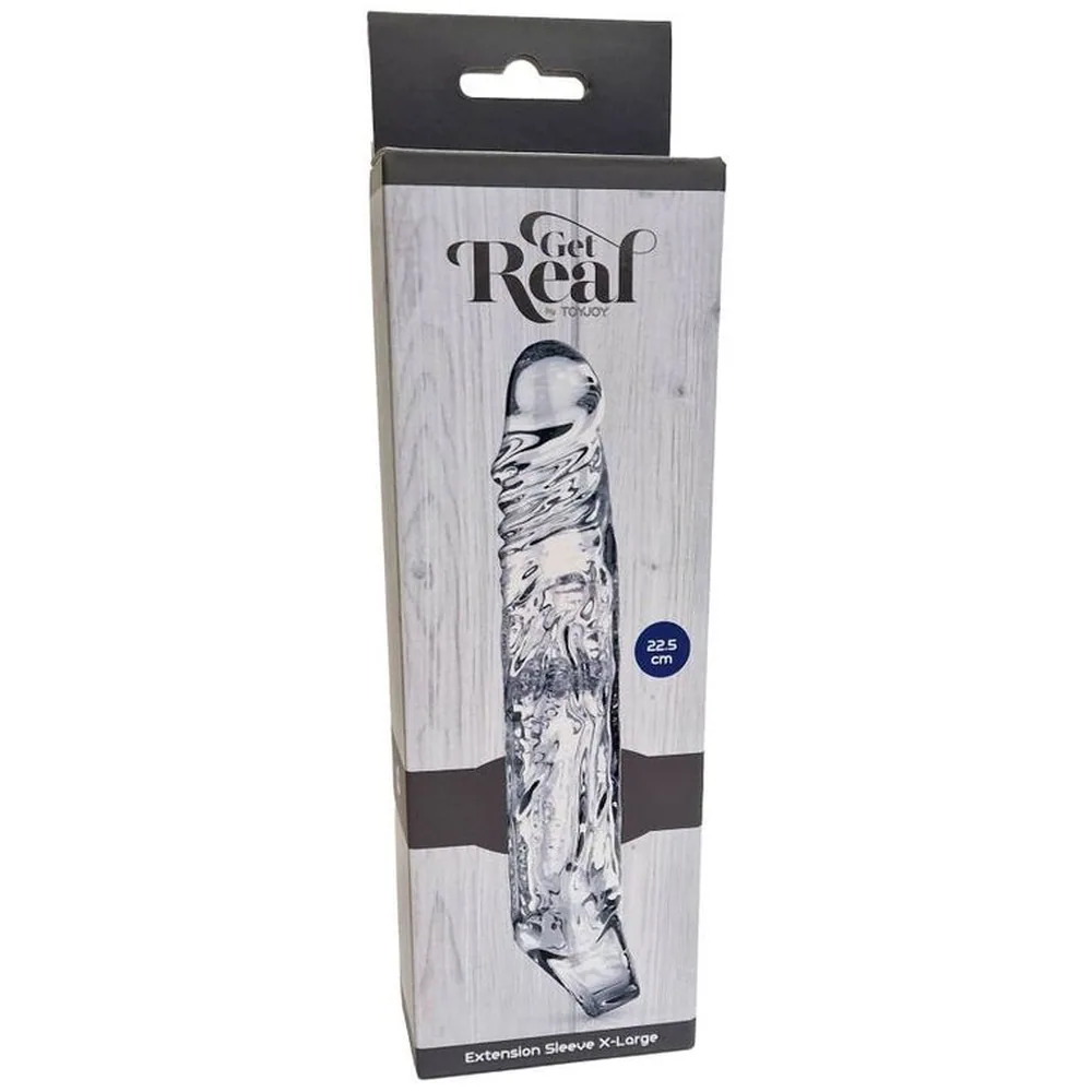 Emballage du manchon d'extension Get Real, carton blanc avec motifs gris, marque et indication 22,5 cm, anse de suspension noire en haut