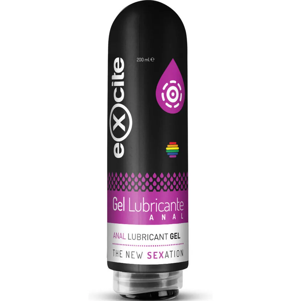 Flacon noir de 200 ml de gel lubrifiant anal eXcite, étiquette violet et blanc avec logo goutte rose et indication « Anal Lubricant Gel »