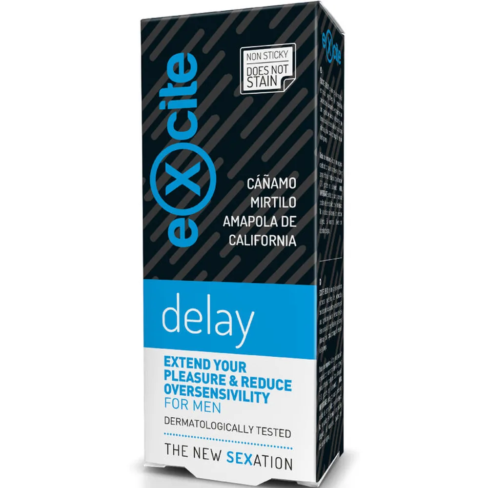Boîte de gel retardant Exoticite Delay aux extraits de chanvre, mirtille et amapola de Californie, fond noir et bleu, étiquette « non sticky, does not stain »