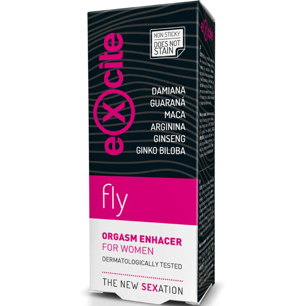 Boîte de gel aphrodisiaque Exocie Fly pour femme, fond noir et rose, liste d'ingrédients visibles incluant damiana, guarana, maca, arginina, ginseng et ginko biloba