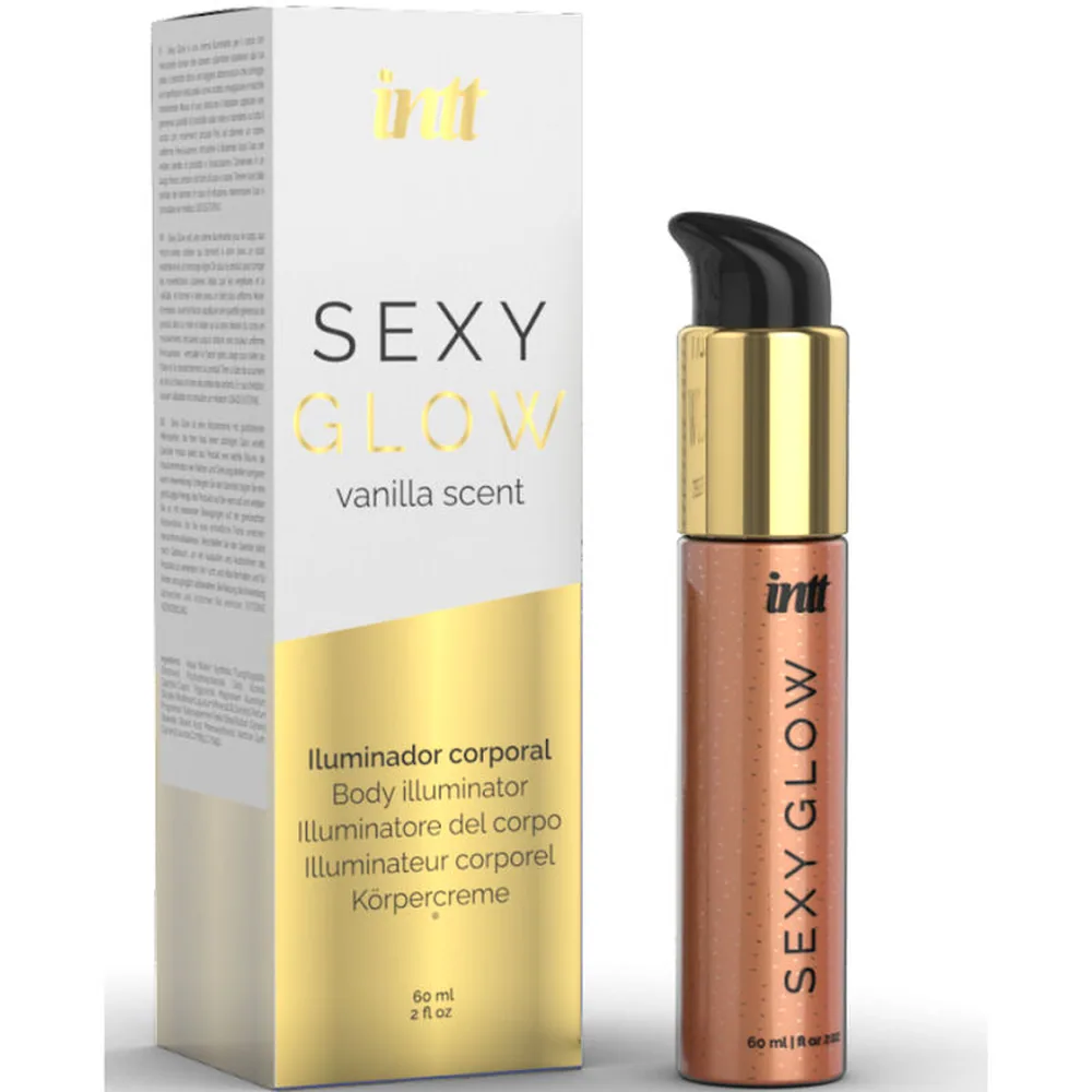 Flacon de 60 ml d'huile de massage Sexy Glow Illumination Peau, teinte cuivrée avec paillettes dorées, bouchon noir et capuchon doré