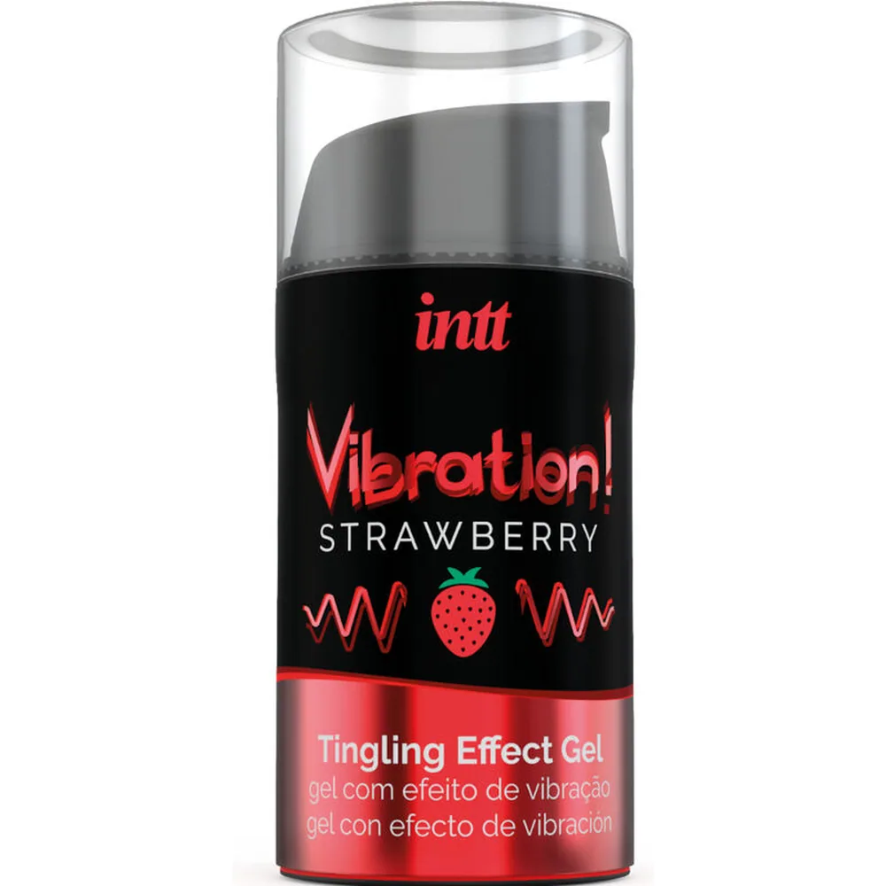Flacon de gel Intt Vibration! à la fraise avec étiquette noire et rouge, présentant le produit dans son emballage original