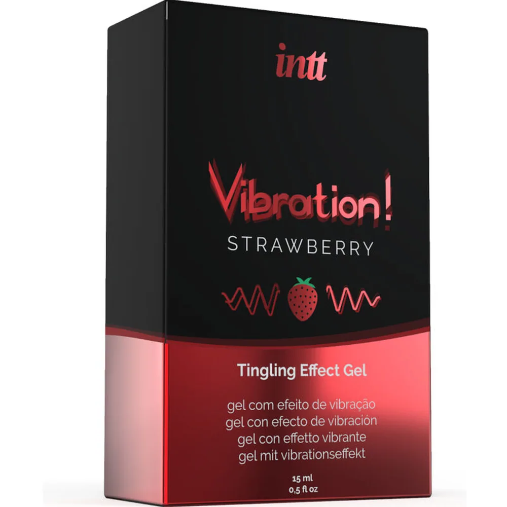 Flacon de gel Intt Vibration! à la fraise avec étiquette noire et rouge, présentant le produit dans son emballage original