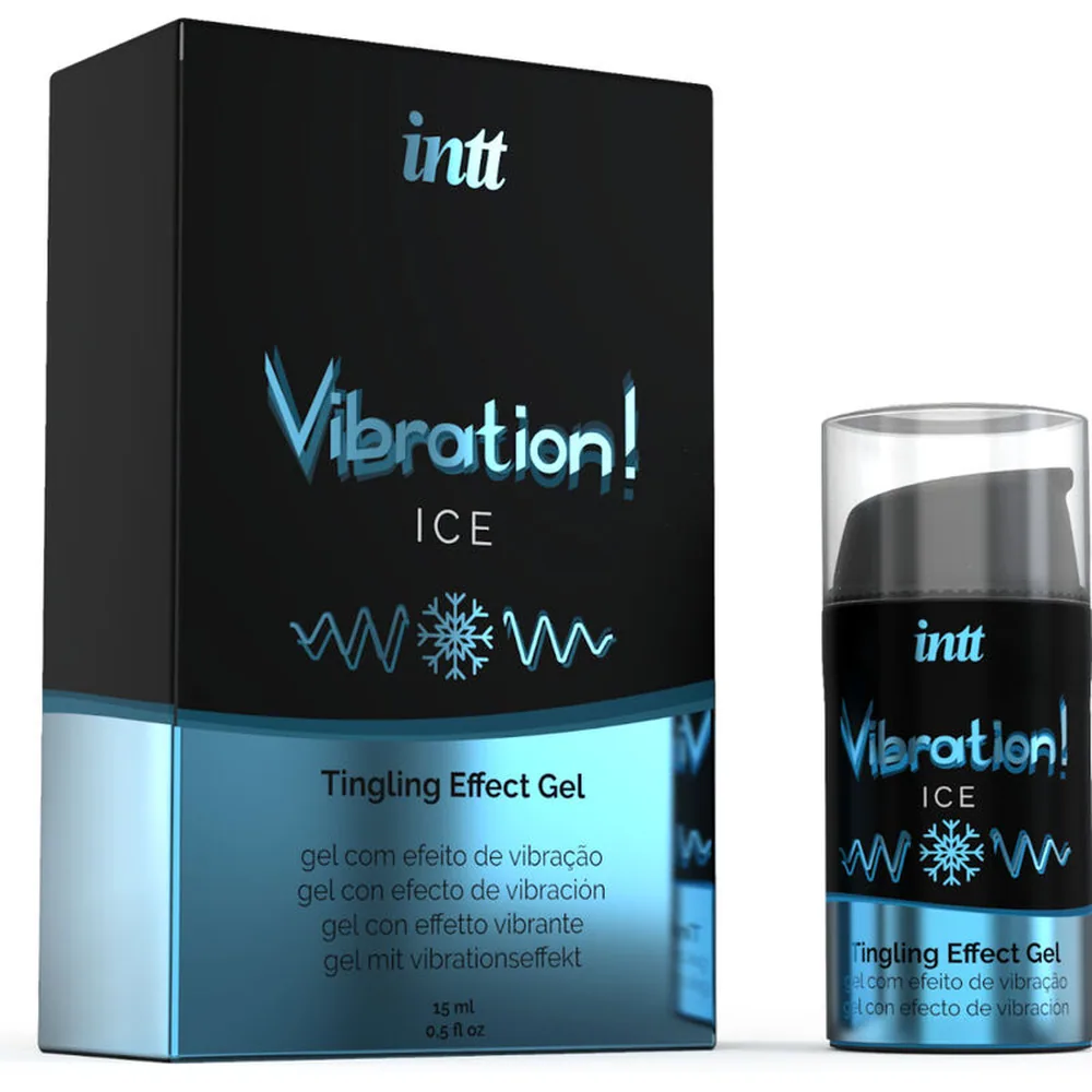 Emballage noir et bleu de gel vibrant Intt Vibration! Ice avec flacon applicateur de 15 ml, fond blanc