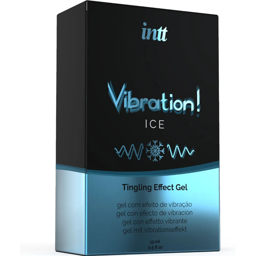 Emballage noir et bleu de gel vibrant Intt Vibration! Ice avec flacon applicateur de 15 ml, fond blanc