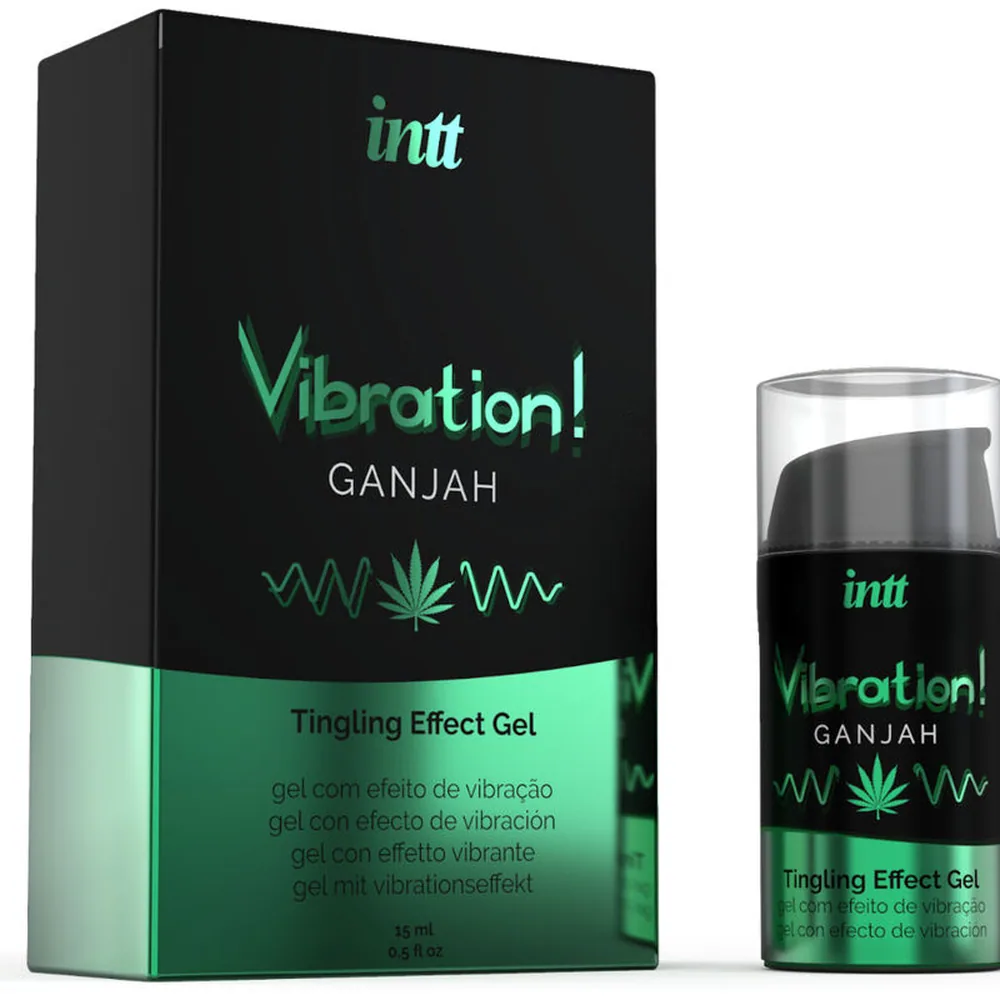 Emballage noir et vert du gel Vibration Ganjah Intt avec logo, accompagné d'un flacon pompe transparent contenant le gel noir