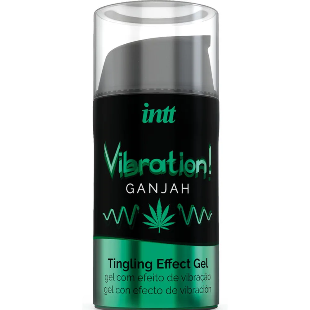 Emballage noir et vert du gel Vibration Ganjah Intt avec logo, accompagné d'un flacon pompe transparent contenant le gel noir