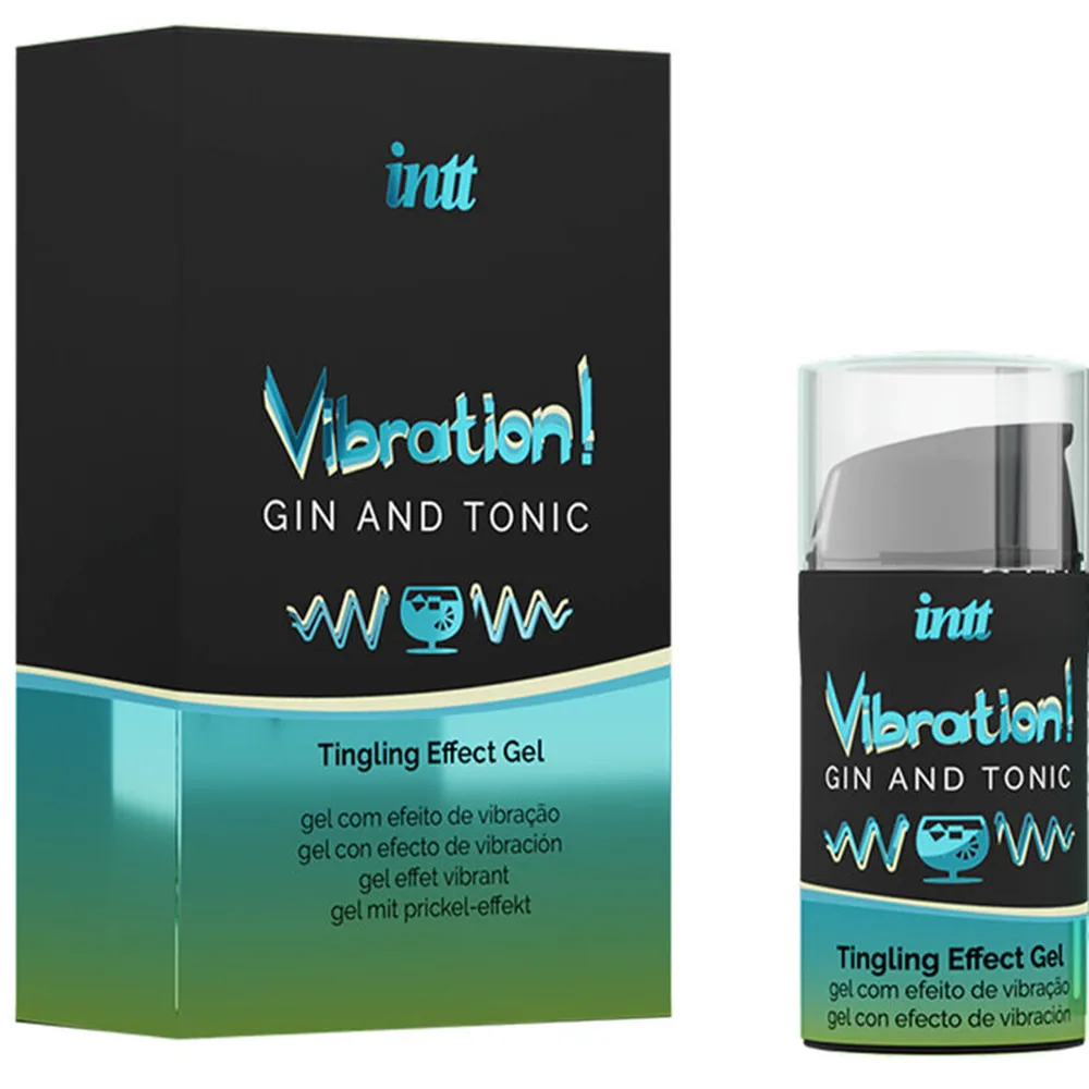 Flacon transparent de gel avec bande noire et turquoise affichant « intt Vibration! GIN AND TONIC » et « Tingling Effect Gel »