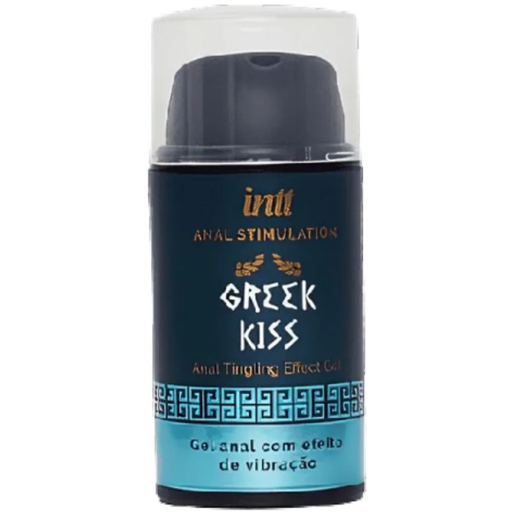 Emballage du gel anal Intt Greek Kiss, boîte bleu foncé et bleu clair avec inscriptions en doré et blanc, 15 ml