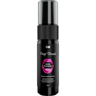 Flacon noir de spray buccal Deep Throat 125 ml avec bouchon pompe et étiquette rose montrant des lèvres, sur fond blanc