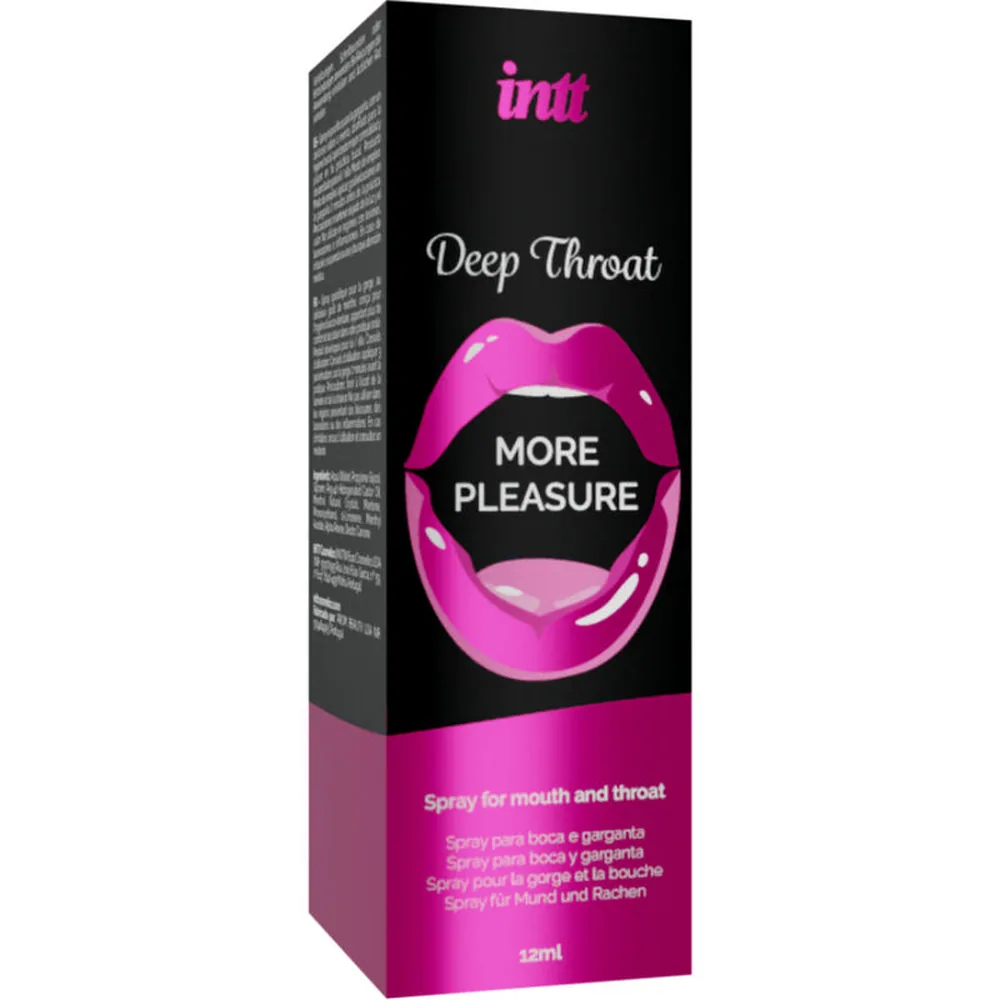 Flacon noir de spray buccal Deep Throat 125 ml avec bouchon pompe et étiquette rose montrant des lèvres, sur fond blanc