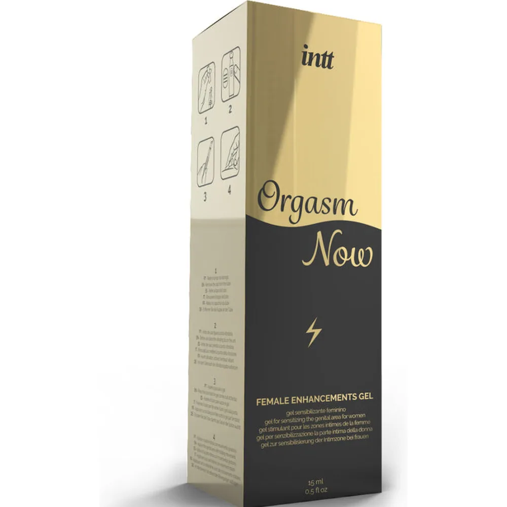Boîte de gel stimulant Orgasm Now et tube applicateur doré, emballage crème et noir avec pictogrammes d'utilisation