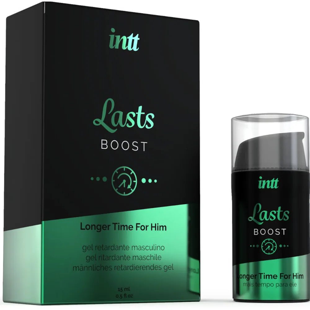Boîte et flacon de gel retardant Intt Lasts Boost noir et vert menthe, avec applicateur intégré