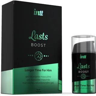 Boîte et flacon de gel retardant Intt Lasts Boost noir et vert menthe, avec applicateur intégré