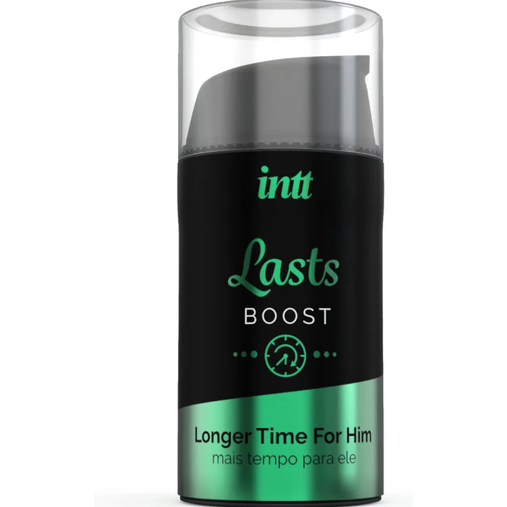 Boîte et flacon de gel retardant Intt Lasts Boost noir et vert menthe, avec applicateur intégré