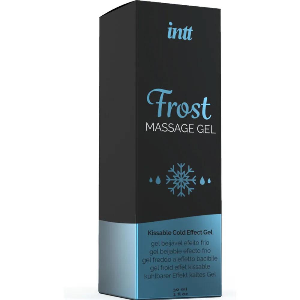 Flacon transparent de gel de massage Frost avec bouchon beige, contenu bleu clair, étiquette noire affichant « init Frost Massage Gel » et flocon de neige stylisé