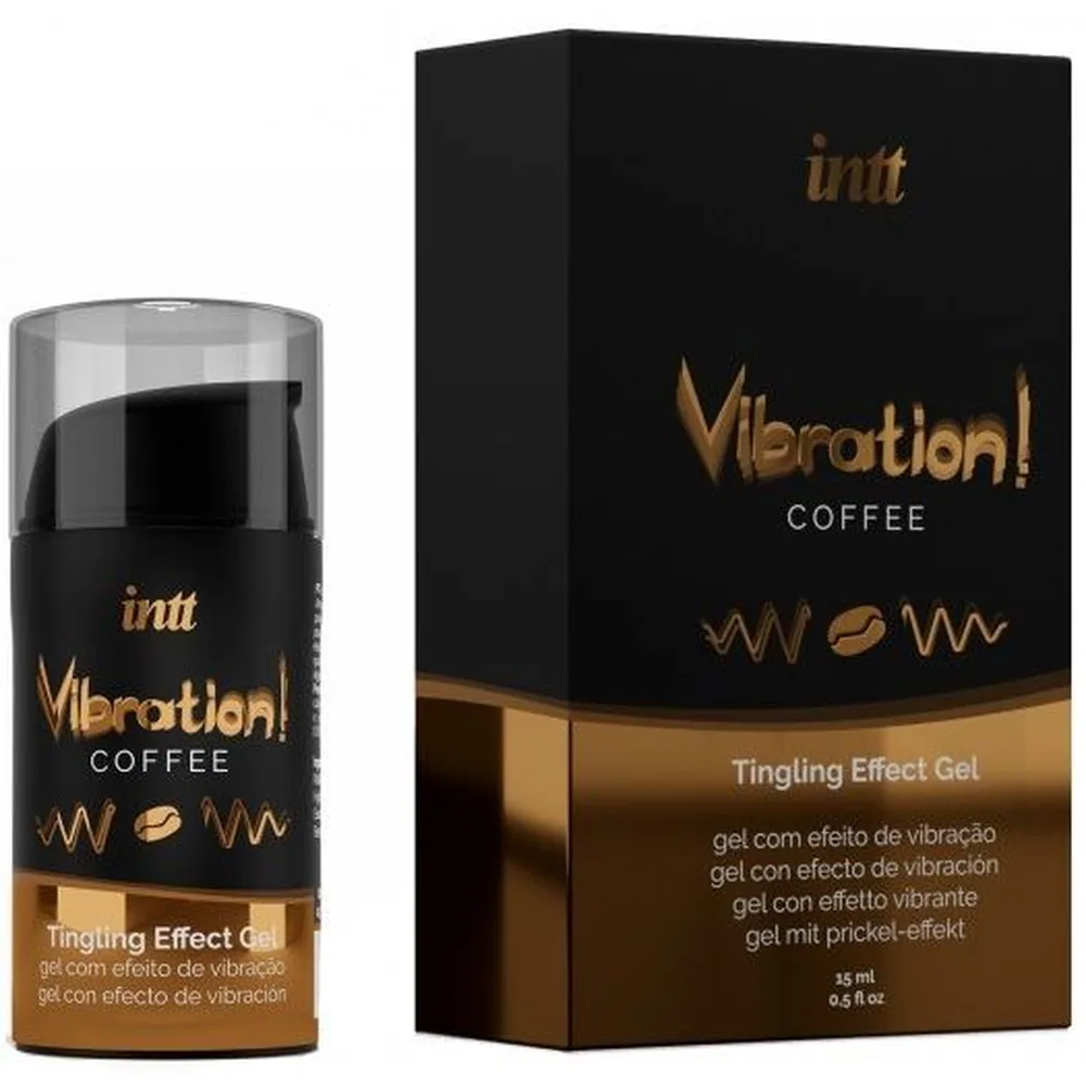 Flacon de gel de massage brun teinté à saveur de café, étiquette noire et dorée, bouchon beige, présenté de face sur fond blanc
