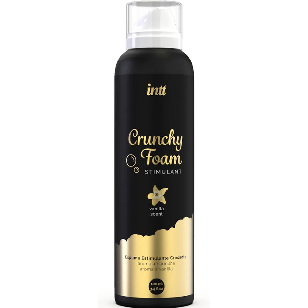 Flacon noir de mousse effervescente Crunchy Foam à la vanille avec pompe transparente, étiquette dorée et noire, contenance 250 ml